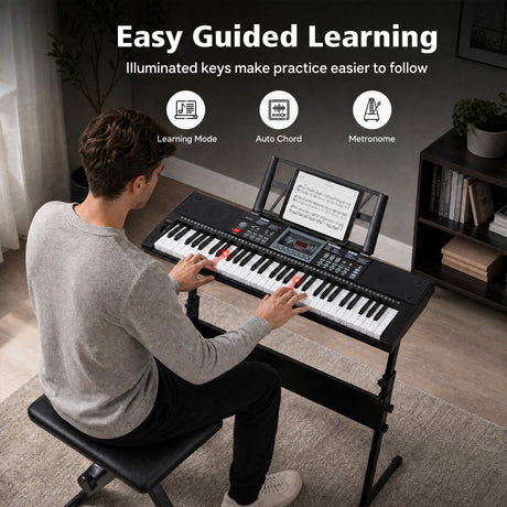61 Key Keyboard Piano for Beginners w/ Stand, Stool, Lighted Keys