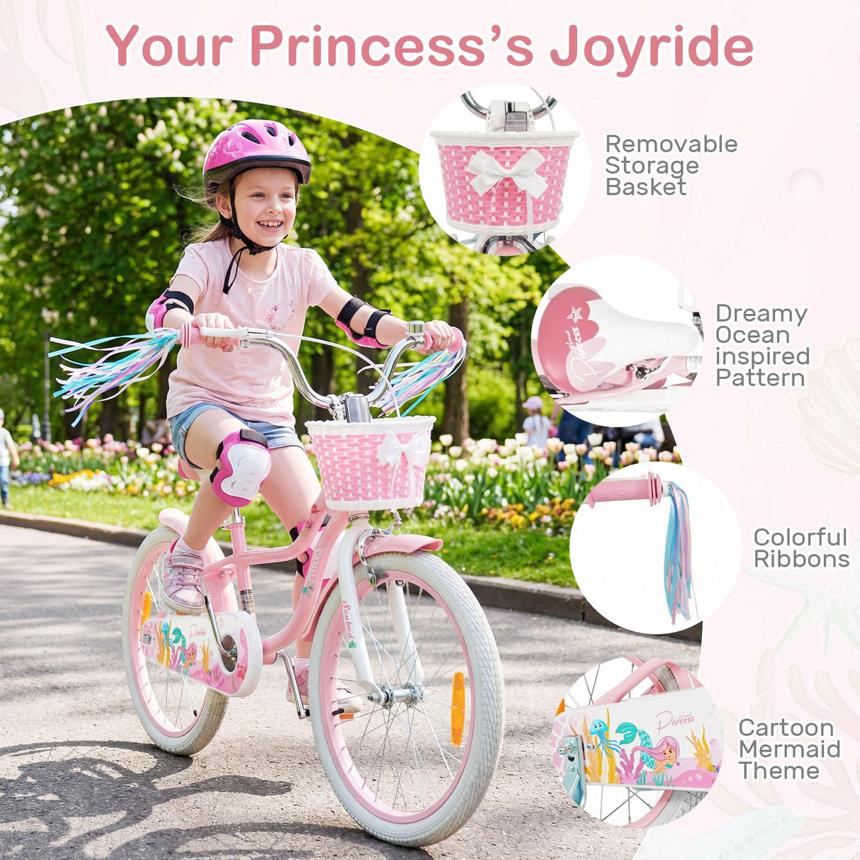 Mermaid Girls Bike with Adjustable Seat and Handlebar for Kids Aged 8+ Years Old