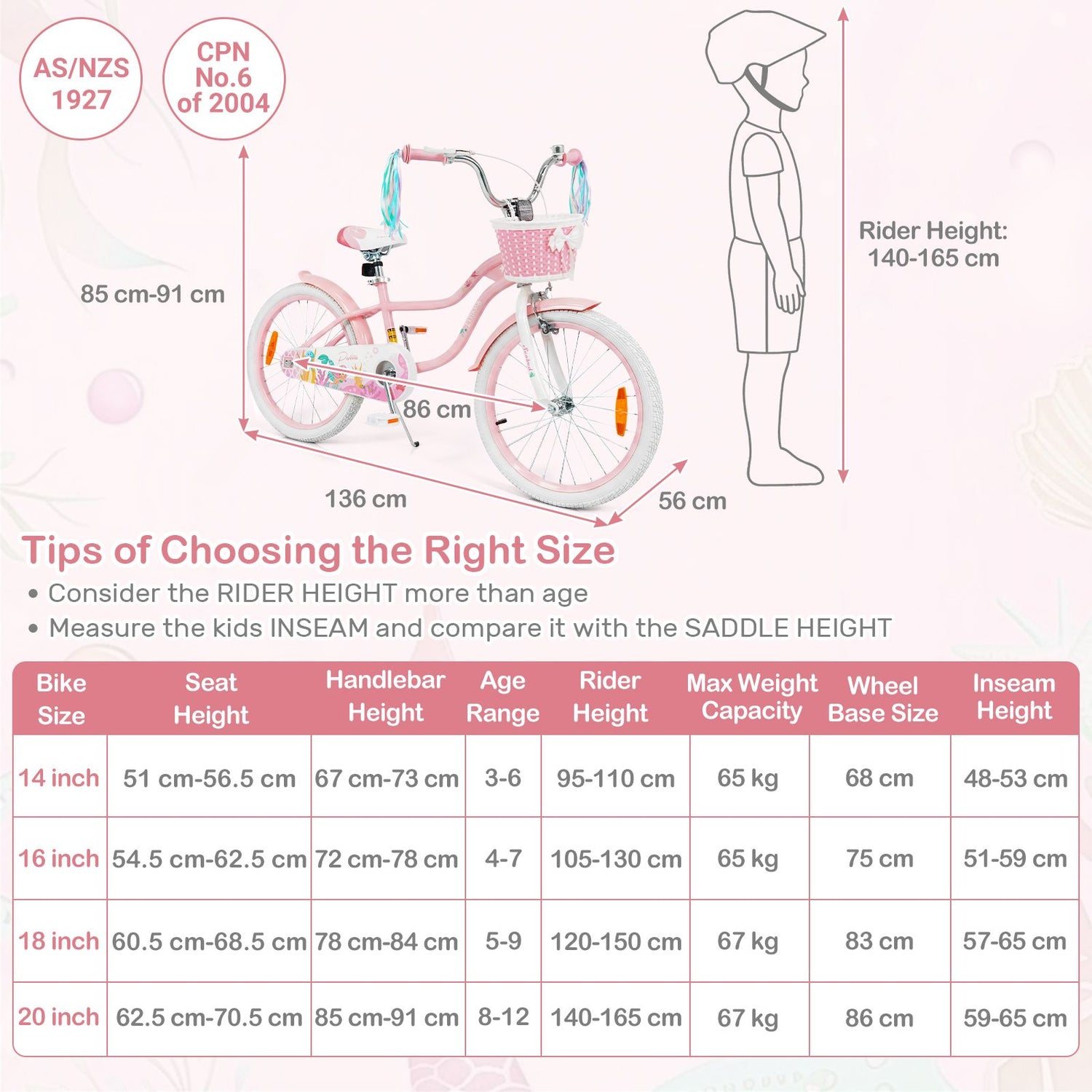 Mermaid Girls Bike with Adjustable Seat and Handlebar for Kids Aged 8+ Years Old