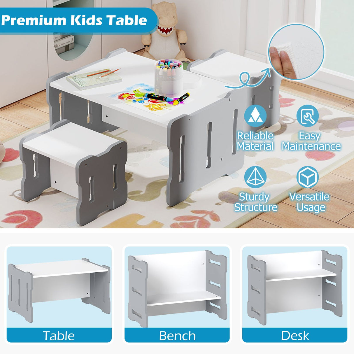 Multi-Use Toddler Furniture Set with Convertible Bench and 2 Tables