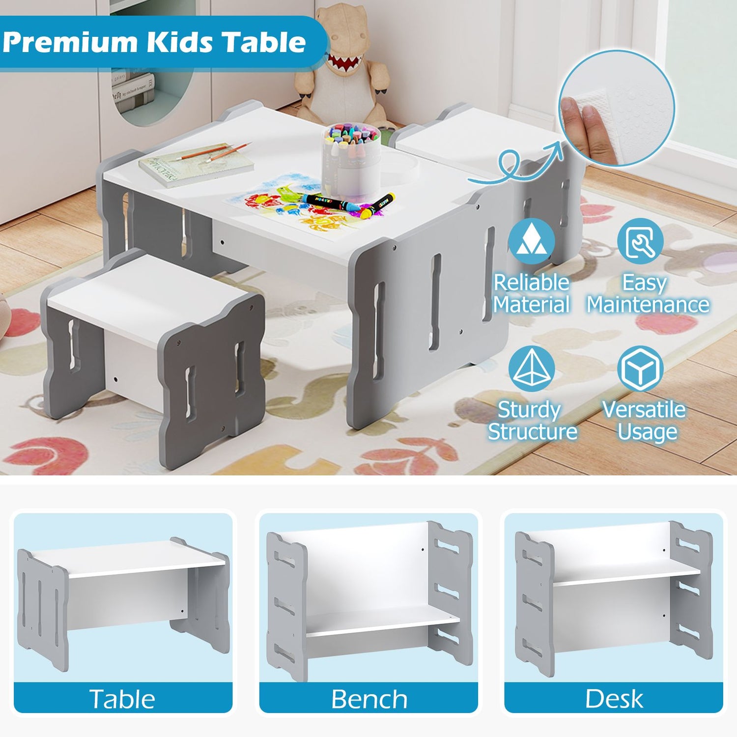Multi-Use Toddler Furniture Set with Convertible Bench and 2 Tables