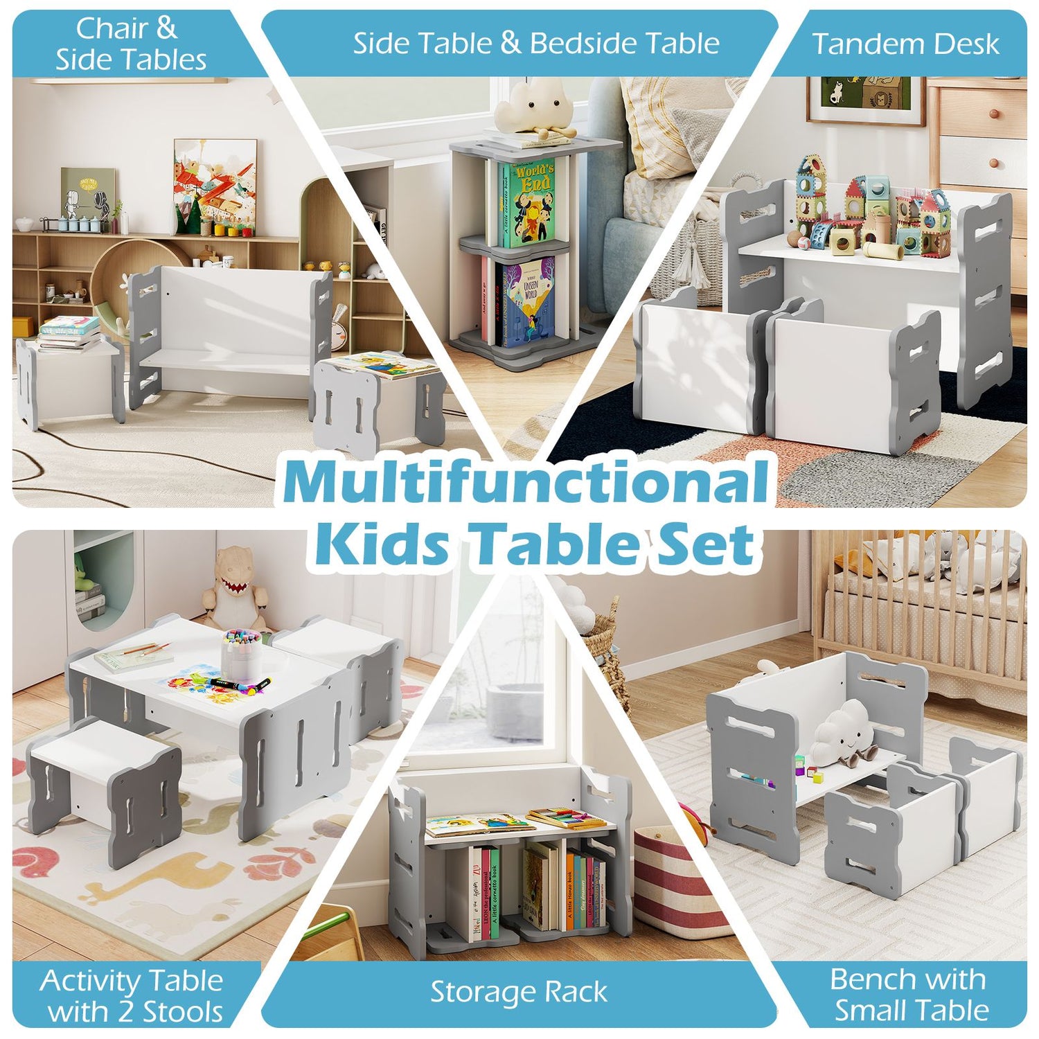 Multi-Use Toddler Furniture Set with Convertible Bench and 2 Tables