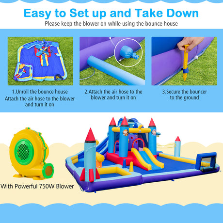 Inflatable bounce house with setup instructions and blower on a blue background