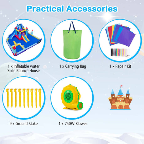 Set of practical accessories including inflatable water slide, carrying bag, repair kit, ground stakes, blower, and castle toy on a light blue background.
