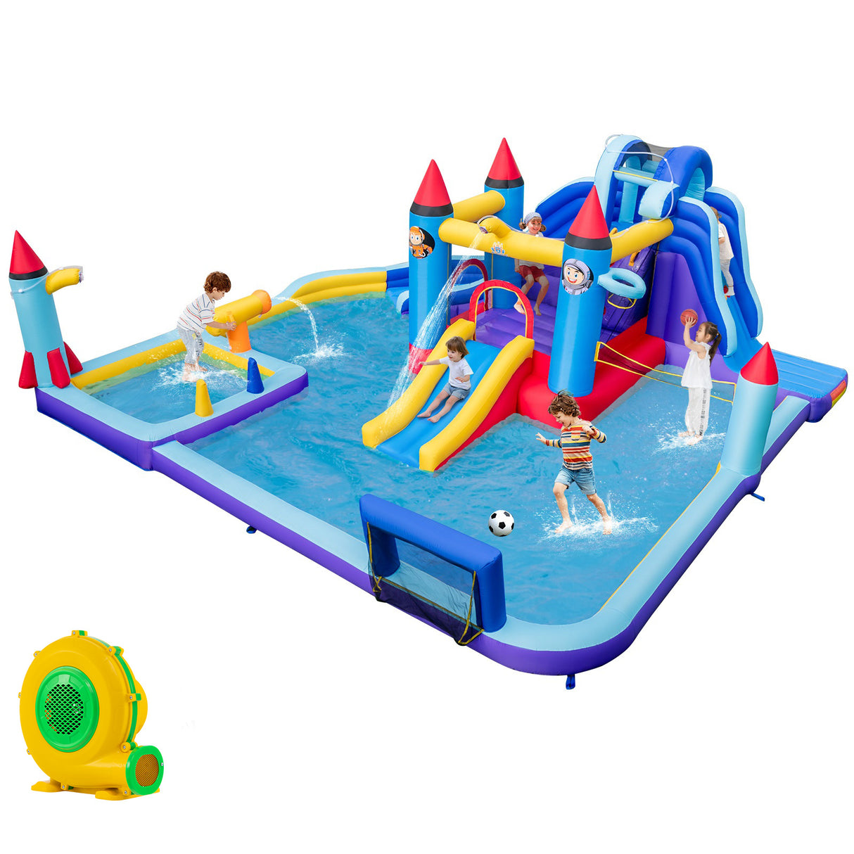 Inflatable water park with slides and pools on a white background