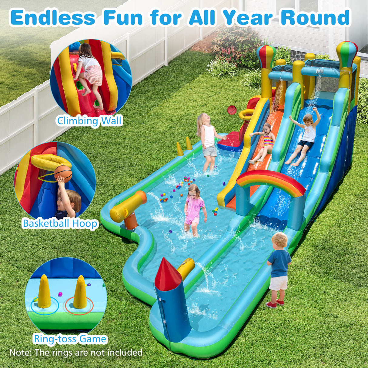 Inflatable Water Park, Wet Dry Combo Bouncy Castle for Birthday Party