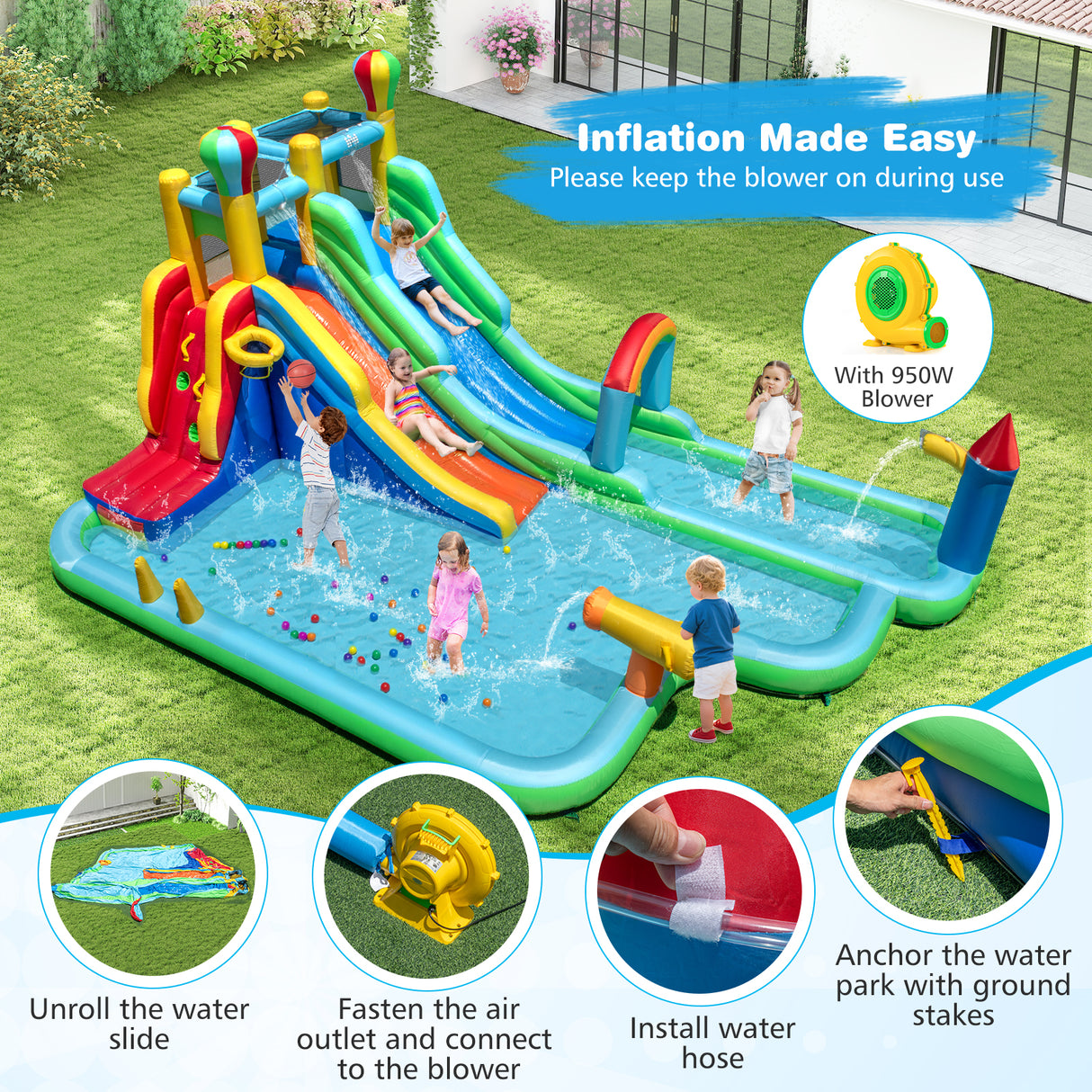 Inflatable Water Park, Wet Dry Combo Bouncy Castle for Birthday Party