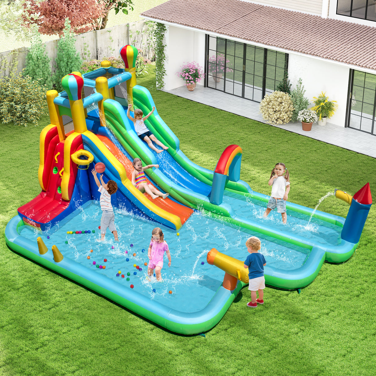 Inflatable Water Park, Wet Dry Combo Bouncy Castle for Birthday Party