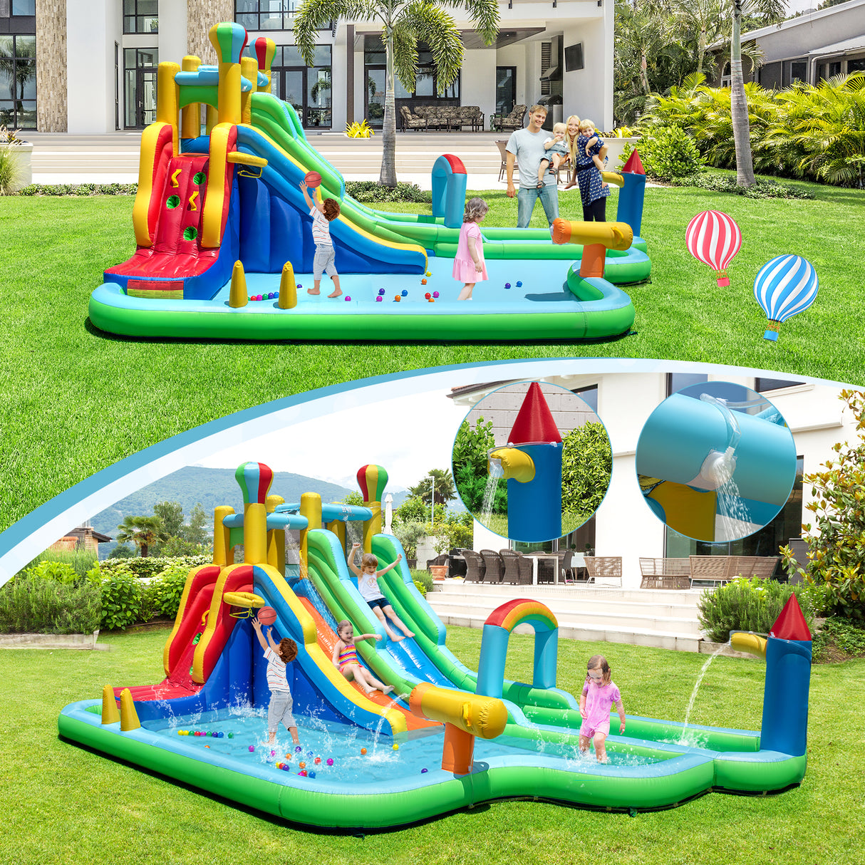Inflatable Water Park, Wet Dry Combo Bouncy Castle for Birthday Party