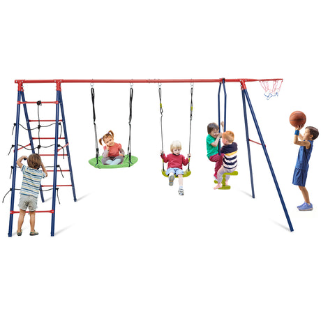 HONEY JOY 6-in-1 Patio Kids Swing Set, A-Shaped Metal Swing Frame
