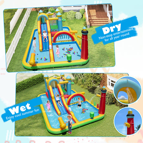 Inflatable Water Slide, Giant Water Park, Outdoor Wet & Dry Combo Bouncy for Yard Lawn