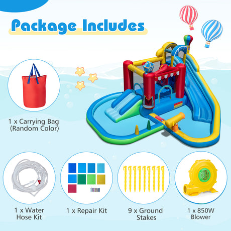 Inflatable water park with package contents listed on a blue background