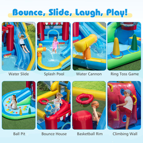 Inflatable playground with various features like water slide, splash pool, and basketball rim on a grassy background.