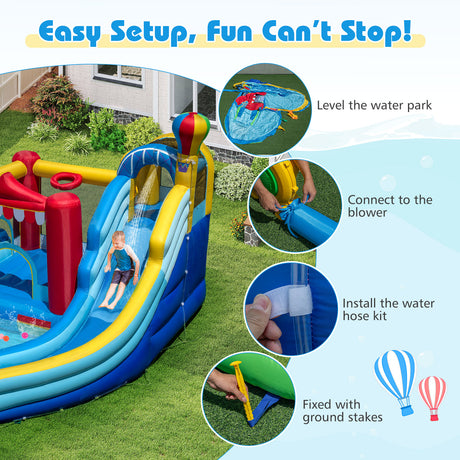 Inflatable water park with setup instructions on a grassy area