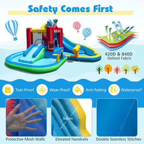 Inflatable water park with safety features highlighted on a blue background