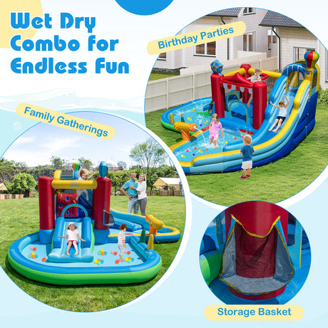 Inflatable water park with slide and pool area, suitable for family gatherings and birthday parties.