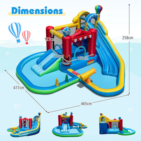 Inflatable water park with dimensions labeled on a light blue background