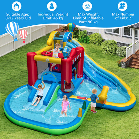Children playing on an inflatable water slide and pool set in a backyard.
