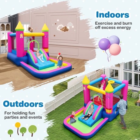 Inflatable bounce house with slide and climbing area, used indoors and outdoors.