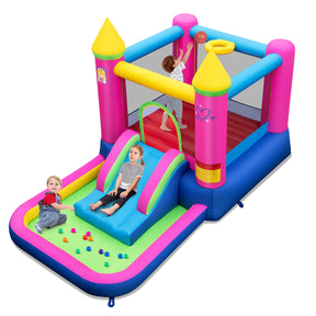 Colorful inflatable playground with children playing on a white background