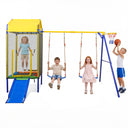 5-in-1 Kids Swing Set with Trampoline Roof Heavy-Duty Metal Outdoor Playset