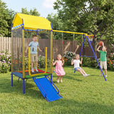5-in-1 Kids Swing Set with Trampoline Roof Heavy-Duty Metal Outdoor Playset