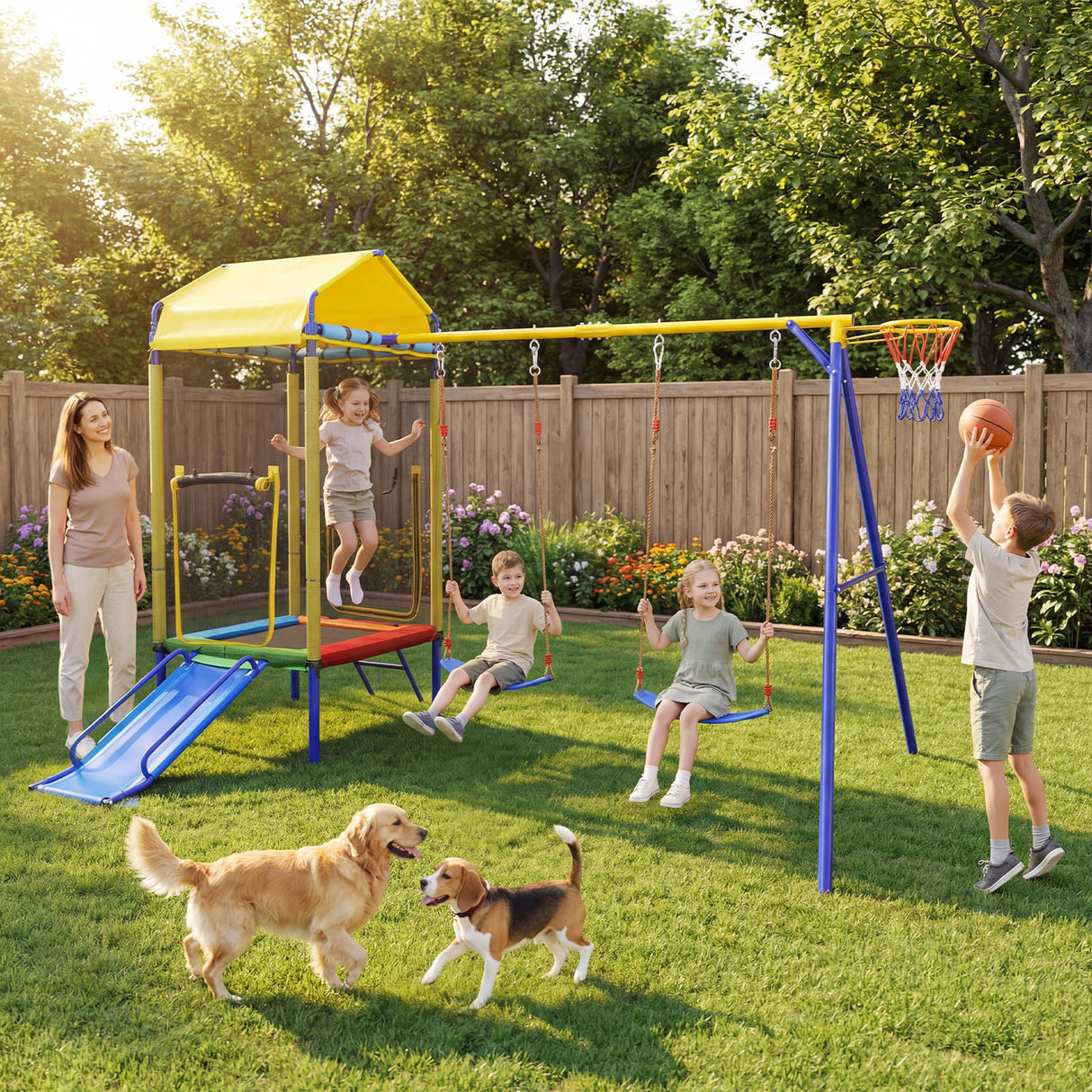 5-in-1 Kids Swing Set with Trampoline Roof Heavy-Duty Metal Outdoor Playset