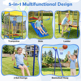 5-in-1 Kids Swing Set with Trampoline Roof Heavy-Duty Metal Outdoor Playset