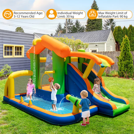 Children playing on a colorful inflatable water slide and bounce house in a backyard.