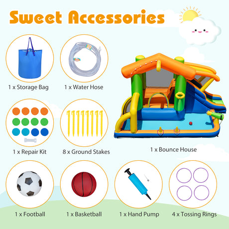 Inflatable bounce house with accessories including a storage bag, water hose, repair kit, ground stakes, football, basketball, hand pump, and tossing rings on a light blue background.