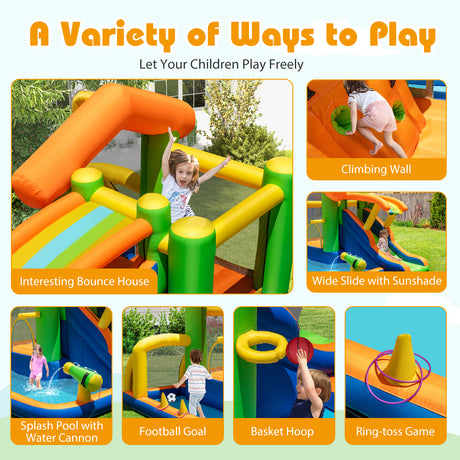 Children playing on an inflatable playground with various activities and features.