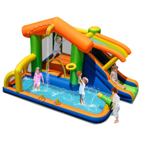 Colorful inflatable water park with children playing on a white background
