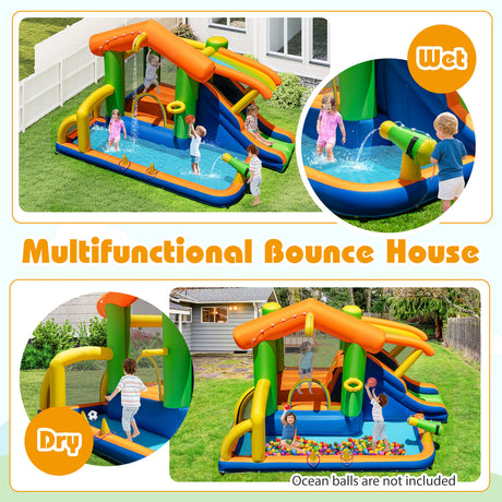 Multifunctional bounce house with water play area and dry play area, showing children playing.