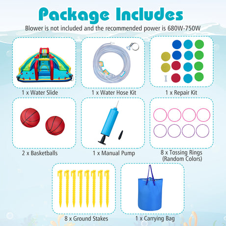 Product package contents including water slide, water hose kit, repair kit, basketballs, manual pump, tossing rings, ground stakes, and carrying bag on a light blue background.