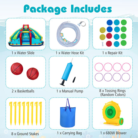 List of items included in a package with icons and text on a blue background
