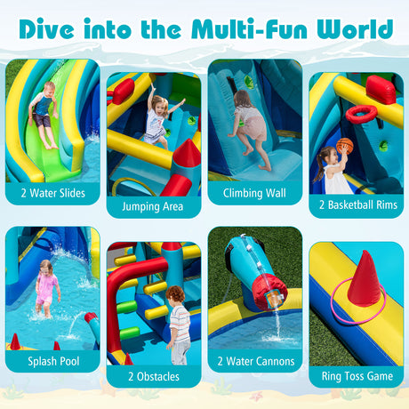Inflatable water park with various features like water slides, jumping area, climbing wall, and more.