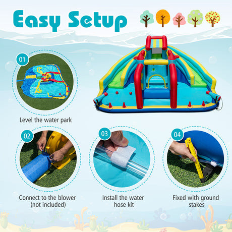 Inflatable water park with setup instructions on a blue background