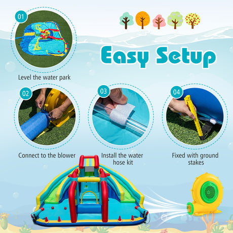 Step-by-step guide on how to set up an inflatable water park with icons and text.