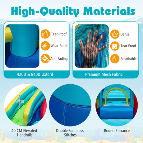 High-quality materials of a children's inflatable slide with features like tear-proof, wear-proof, anti-fading, dense, and breathable properties.