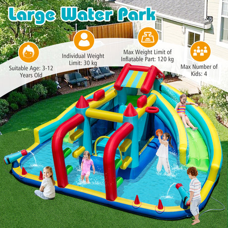 Inflatable water park with children playing on a grassy area