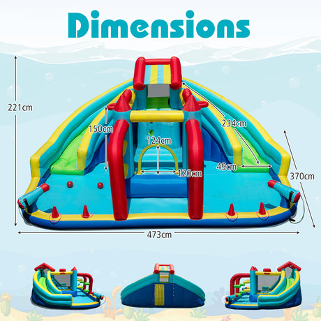 Inflatable water park with dimensions labeled on a light blue background