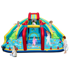 Children playing on a colorful inflatable water slide and bounce house with water features.