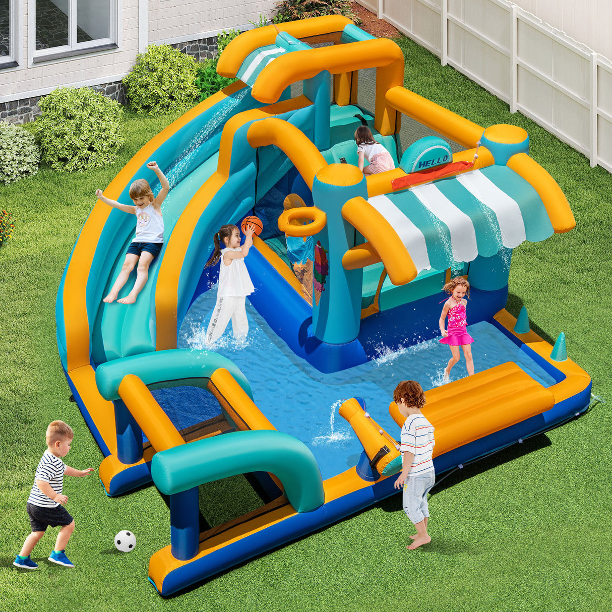 Inflatable Water Park with Market Stand, Water Slide with Climbing Wall for Birthday Party