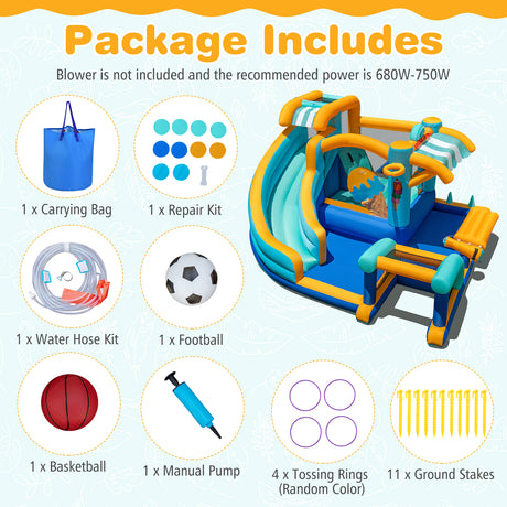 Inflatable water park with included accessories on a white background