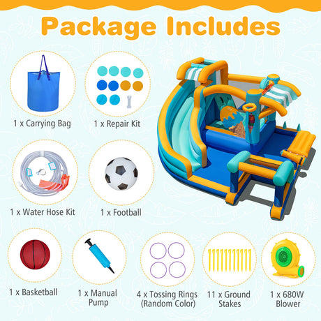 Inflatable water park with package contents listed on a light blue background