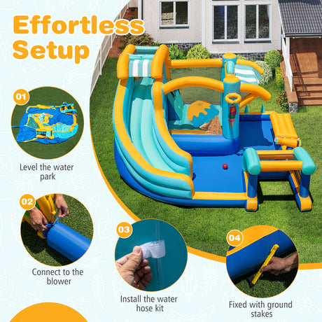 Inflatable water park with setup instructions on a grassy lawn.