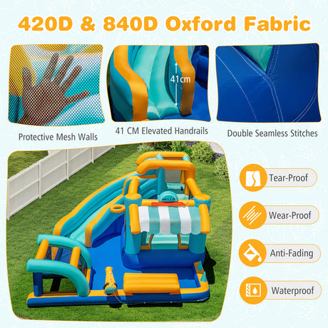 Inflatable playground structure with Oxford fabric features and specifications.