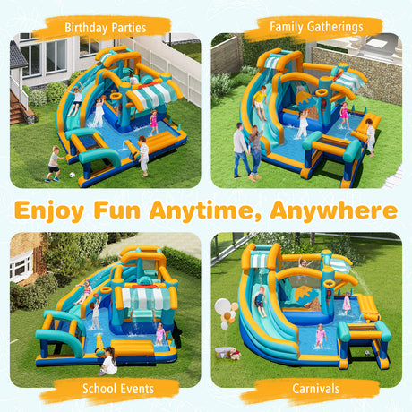 Inflatable playground with various activities for different events like birthday parties, family gatherings, school events, and carnivals.