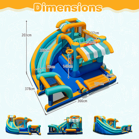 Inflatable playground structure with dimensions labeled on a white background
