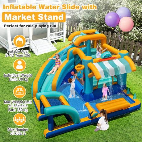 Inflatable water slide with market stand on grass, children playing, balloons in the air.